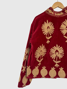 Blouson en velours rouge brodé à la main avec motif géométrique, col mandarin, manches longues, style automne pour adulte - Product Image 3