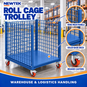 Chariot à roulettes NEWTEK en treillis métallique bleu avec roulettes à frein pour la logistique d'entrepôt - Product Image 1