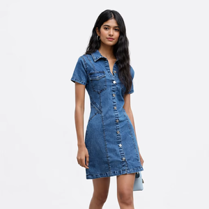 Vestido Midi Recto de Mezclilla Azul Lavado - Estilo Moderno para Exteriores con Forro de Algodón Ecológico - Product Image 1