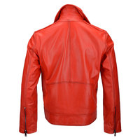 Blouson bomber en cuir de vachette rouge pour homme, écologique, en denim, col rabattu, fermeture éclair, manches régulières, couleur unie, coupe ajustée