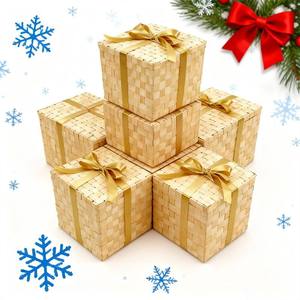 Square Festive <b>Gift</b> <b>Basket</b> Cube Bamboo <b>Gift</b> Box Gold Ribbon Bow Tight Checkered Woven <b>Hamper</b> Luxury Holiday Packaging Case - Product Image 3