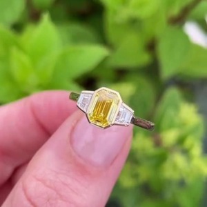 3ct Fancy Yellow Diamond Three Stone Bezel <b>Set</b> 14K White <b>Gold</b> Engagement <b>Ring</b> IGI Certified VS+ Clarity for Women - Product Image 2