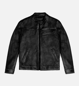 Veste en cuir noire vintage Roadster pour hommes, col rond, fermeture éclair, coupe classique, vêtements de sport d'extérieur pour l'hiver, vestes de moto - Product Image 1