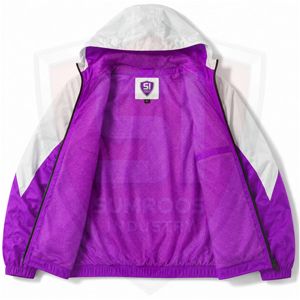 Chaqueta cortavientos unisex con capucha, color morado y blanco, a prueba de viento, para exteriores, con cremallera deportiva, personalizable de fábrica. - Product Image 3