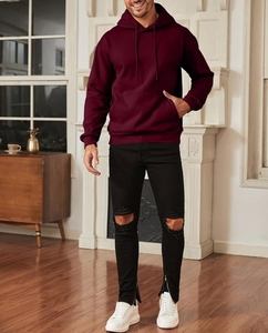 Sweat-shirt à capuche bordeaux pour homme, coupe classique, en molleton de coton, couleur unie, avec poche, pour l'automne - Product Image 6