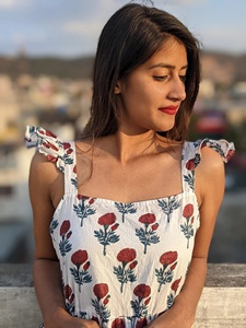 Robe longue vintage en coton indien avec broderie florale imprimée à la main, col carré, tunique maxi pour femmes - Product Image 4