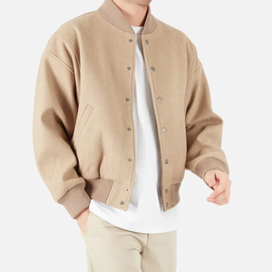 Chaqueta Bomber Beige para Hombre, Cuello Alto de Algodón, Estilo Casual para Otoño, Corte Regular, Cierre de Botones, Tejido de Punto, Color Sólido - Product Image 1