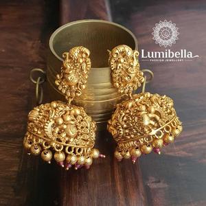 Fine Dangle Earrings Peacock Jhumki with Maroon Beads - Product Image 3