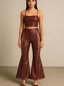 Pantalon noir en cuir véritable à lacets, taille haute, style gothique, coupe ajustée, longueur intégrale, pour clubbing et streetwear - Product Image 3