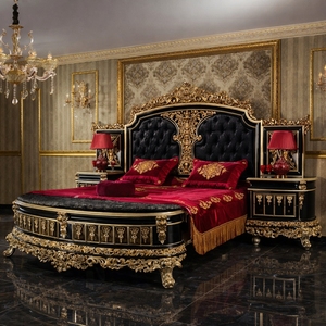 High-End Royal Black Gold Mahogany Bedroom Set Hand Carved Upholstered Bed Wardrobe <b>Vanity</b> <b>Table</b> Rococo Classic Design - Product Image 1