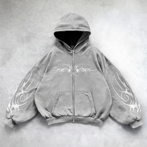 Sudadera con Capucha Oversize de Algodón 100% con Cremallera, Estampado DTG y Bordado, Textura Oscura, Estilo Urbano Popular - Product Image 3