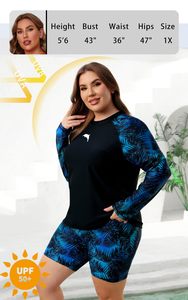 Women's Tummy Control Two-Piece <b>Rash</b> <b>Guard</b> <b>Swimsuit</b> Set - Tropical Print -Sleeve -Zip Top Flattering Slimming Fit - Product Image 3