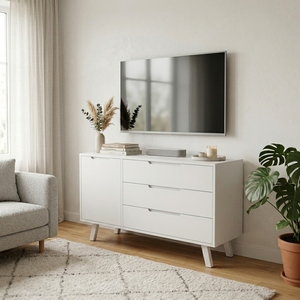 Modern White Scandinavian Sideboard Credenza 1 Door 3 Drawer Cabinet Natural Wooden Legs <b>TV</b> Media <b>Stand</b> Living Room Furniture - Product Image 2