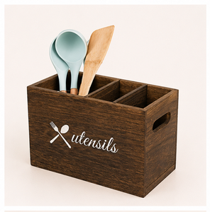 Rustic Burnt Wooden Cutlery Holder With 3 Compartments Sustainable Farmhouse <b>Kitchen</b> Utensil Organizer <b>Caddy</b> For Countertop - Product Image 3