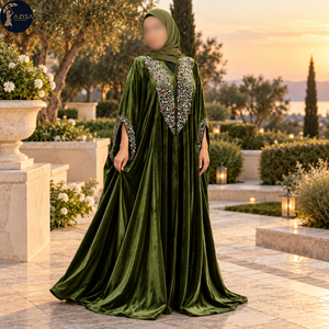 Tela de Terciopelo Verde Oliva con Bordado Floral Multicolor |   Tela Decorativa Adornada para la Confección de Elegantes Abayas y Vestidos - Product Image 4