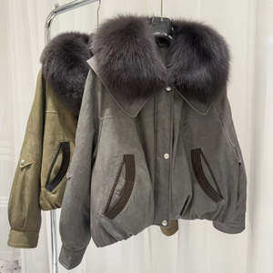 Hot Selling Women's Fashion Trend White Goose Down Liner Cropped <b>Suede</b> Leather <b>Jacket</b> Women With Big Fox Fur Collar - Product Image 4