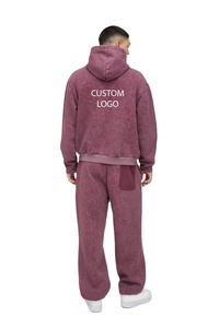 Survêtement surdimensionné bordeaux délavé à l'acide 100% coton 500GSM épais sweat à capuche et pantalon de survêtement ensemble fausse poche lavage survêtement - Product Image 2