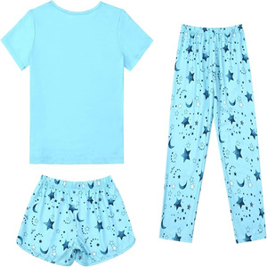 Ensemble de pyjama décontracté unisexe vert 3 pièces, t-shirt, pantalon, short, coton respirant, vêtements de nuit d'été, motif étoile et lune mignon - Product Image 6