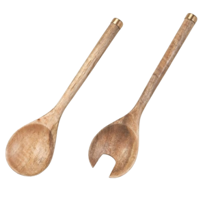Ensemble de service à salade en bois de manguier écologique, fait main, 2 pièces : cuillère et fourchette en bois avec manche en rotin tressé - Product Image 5