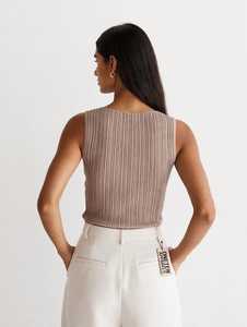 Camiseta sin mangas de punto acanalado para mujer, cuello alto, 100% algodón, estampado con relieve, ligera elasticidad, corte ajustado, informal de verano - Product Image 2