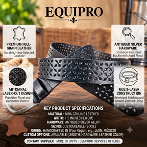 Equipro Vintage Casual Genuine Leather <b>Belt</b> Herringbone Pattern Silver Square Pin Breathable Cow Hide 3.5cm Width One Piece - Product Image 4
