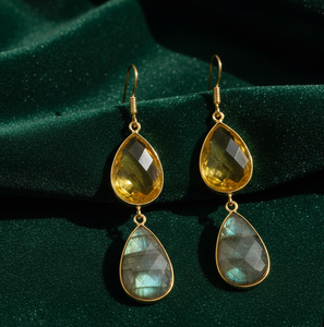 Natural Labradorite & Yellow Hydro Earrings | 15x20mm Pear | 925 Sterling <b>Silver</b> 18K Gold <b>Plated</b> | 5.5 Inch Statement Jewelry - Product Image 2