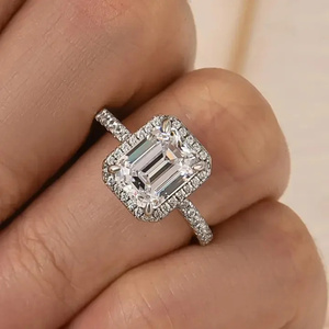 925 Moissanite Diamond 2.5 Carat Fancy <b>Emerald</b> Cut Halo Engagement <b>Ring</b> for Women in Sterling <b>Silver</b> White Gold Plated - Product Image 6