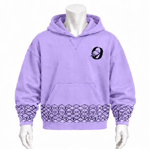 Sweat-shirt à capuche épais brodé lavande avec bordure décorative, poignets et poche kangourou, décontracté pour l'hiver - Product Image 1