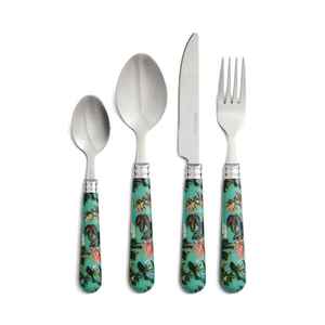Ensemble de couverts en métal à motif floral avec manches vertes, couteau, fourchette, cuillère, cuillère à café, résistant au lave-vaisselle, pour les dîners, les mariages et les événements - Product Image 1