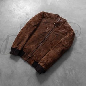 Veste en cuir suédé marron foncé pour homme, véritable peau de mouton, coupe ajustée, style motard, col à boutons pression, veste bomber décontractée d'hiver - Product Image 3