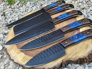 New Design Custom Handmade <b>Sharp</b> Chef <b>Knives</b> J2 Steel Powder Coated Hammered Blade 5-Piece Kitchen <b>Knife</b> <b>Set</b> W/Resinwood Handle - Product Image 2
