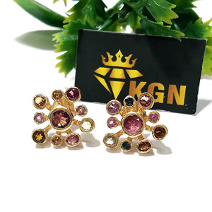 Multicolor Tourmaline Gemstone Stud <b>Earrings</b> 18K Gold Plated Sterling <b>Silver</b> Handmade Bohemian Statement Jewelry for Women - Product Image 6