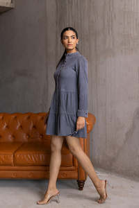 Grey Denim Midi <b>Dress</b> With Stand Collar Long Sleeves <b>For</b> <b>Women</b> Featuring Lightweight Fabric Modern Style Comfortable Fit - Product Image 3