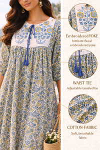 Floral Hand Block Print Long Dress Contrast Butta Yog Puffy Sleeves Cotton Maxi Gown Women Casual Handmade Professional Outfit - Product Image 5