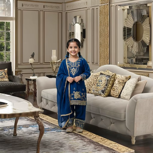 Conjunto de Ropa Étnica Bollywood para Niñas, Tendencia 2026, Salwar Kameez de Algodón y Seda con Bordado Dorado de Lujo, Dupatta, Ropa de Fiesta Punjabi - Product Image 1