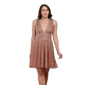 Elegant <b>Rose</b> <b>Gold</b> <b>Sequin</b> <b>Dress</b> For Plunging V-Neck Sleeveless Evening <b>Dress</b> Shimmering Pleated Cocktail Party <b>Dress</b> - Product Image 1