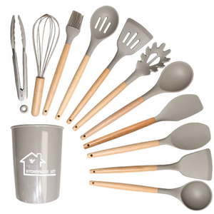 12 Piece <b>Silicone</b> Kitchen Utensil Set with Wooden Handles Cooking <b>Tools</b> Spatula Ladle Tongs Whisk Brush Spoon Holder Nonstick - Product Image 2