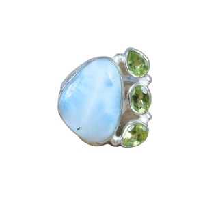 925 Sterling Silver Natural Stone Pear Cut Blue Larimar Green <b>Peridot</b> Multi Gemstone Rhodium Plated Fancy <b>Ring</b> Gift for Her - Product Image 1
