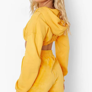 Women's <b>Pink</b> Hooded <b>Crop</b> <b>Top</b> Sweatshirt Full Sleeve Fleece Casual Solid Color Drop Shoulder Plain Dyed Pullover Hoodie - Product Image 3