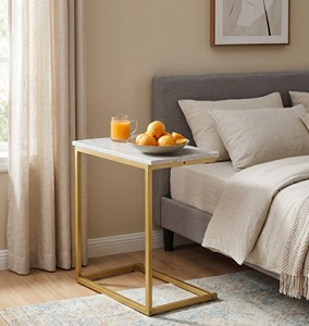 Modern Marble <b>Side</b> <b>Table</b> Gold C Shaped End <b>Table</b> Laptop Desk Metal Frame Coffee Tray Snack <b>Tables</b> <b>For</b> <b>Sofa</b> Couch Living - Product Image 2