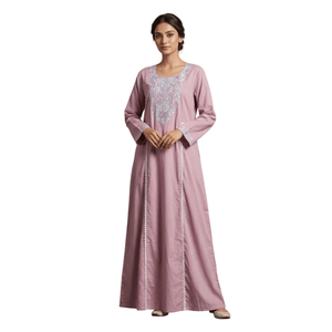 Elegant <b>Pink</b> Cotton Embroidery Long <b>Kaftan</b> Dress for Women - Middle East Islamic Abaya - Casual V-Neck Maxi Dress with Lace Trim - Product Image 3