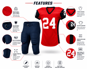 Ensemble d'uniformes de football américain personnalisés respirants rouge et noir 24 pour hommes et femmes en polyester unisexe pour adultes, maillot et pantalon de sport - Product Image 3