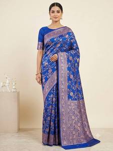 Sari en soie Banarasi bleu, brodé de fleurs, tenue ethnique traditionnelle indienne, séchage rapide, pour mariage et fêtes, pour femmes - Product Image 2