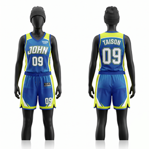 Uniforme de Baloncesto Unisex GSM, Malla de Poliéster que Absorbe la Humedad, Paneles Laterales en Contraste Azul y Amarillo, Impresión por Transferencia de Calor, Bordado - Product Image 1