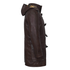 Custom 100% Genuine Lambskin Napa Leather <b>Men's</b> <b>Duffle</b> <b>Coat</b> Brown Hooded Toggle Trench Jacket Winter Overcoat Wholesale Supplier - Product Image 2