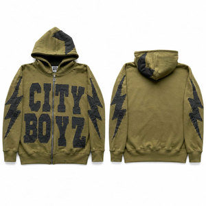 Hoodie zippé vert olive le plus vendu, avec appliqué, style streetwear, coupe oversize, manches classiques, en coton French Terry, style automne - Product Image 1
