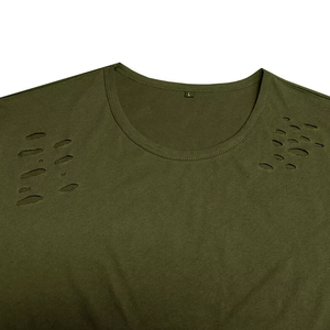 T-shirt en tricot à manches courtes pour homme, vert olive, coupe ample, couleur unie, décontracté, col rond, ourlet déchiré, 100% coton, séchage rapide - Product Image 5
