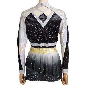 Uniforme de porristas para niños de poliéster y spandex con estampado por transferencia térmica, negro y dorado, para baile y espectáculos. - Product Image 5