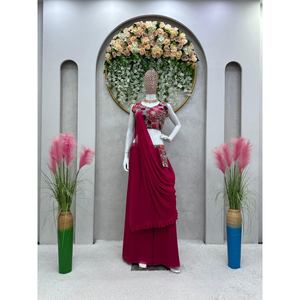 CHEMISIER DE TRAVAIL GEORGETTE JARI SEQUENCE PALAZZO AVEC DUPATTA MAROON - Product Image 1