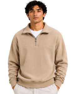 Beige <b>Men</b> Oversized Quarter Zip Sweatshirt <b>Pullover</b> Fleece Cotton Polyester Casual Winter Sweatshirt With Stand Collar Zip Neck - Product Image 1